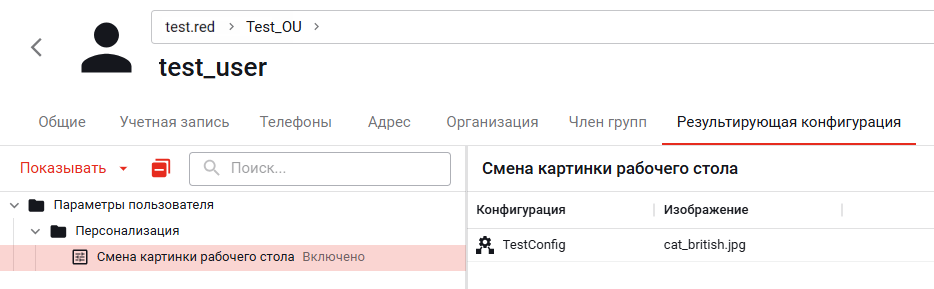 Результирующая конфигурация для выбранного пользователя